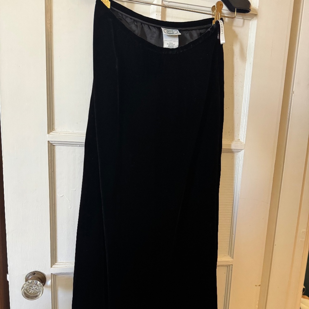 LAURA ASHLEY long velvet skirt + 2 tops - silk halter neck and knit v neck - XS